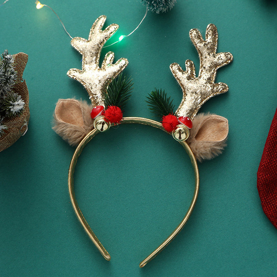 Elk Antlers Headband Sequins Reindeer Ears Hair Hoop with Bell for Christmas