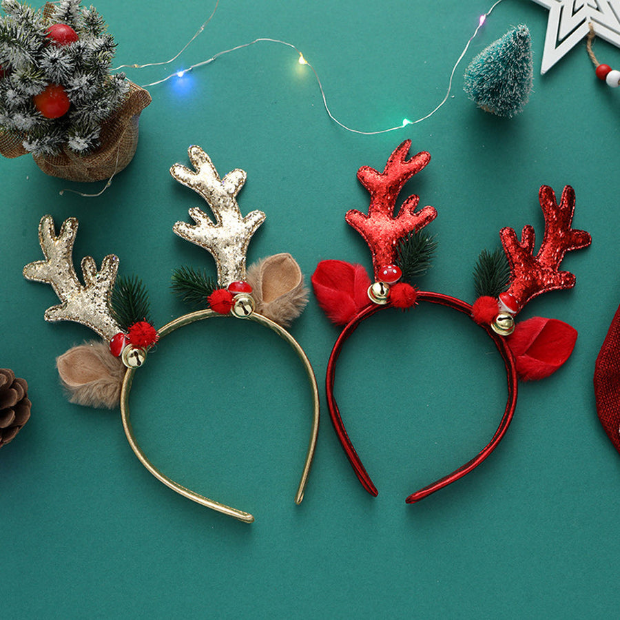 Elk Antlers Headband Sequins Reindeer Ears Hair Hoop with Bell for Christmas