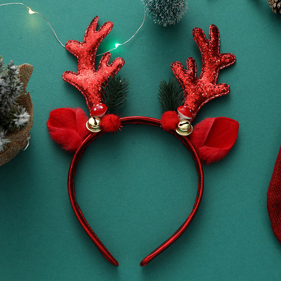 Elk Antlers Headband Sequins Reindeer Ears Hair Hoop with Bell for Christmas