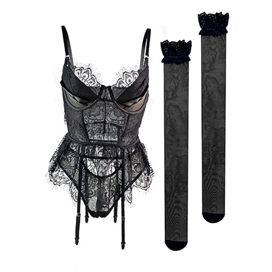 Exquisite Eyelash Lace Bustier Set 3 Piece Longline Garter Bra and Panty