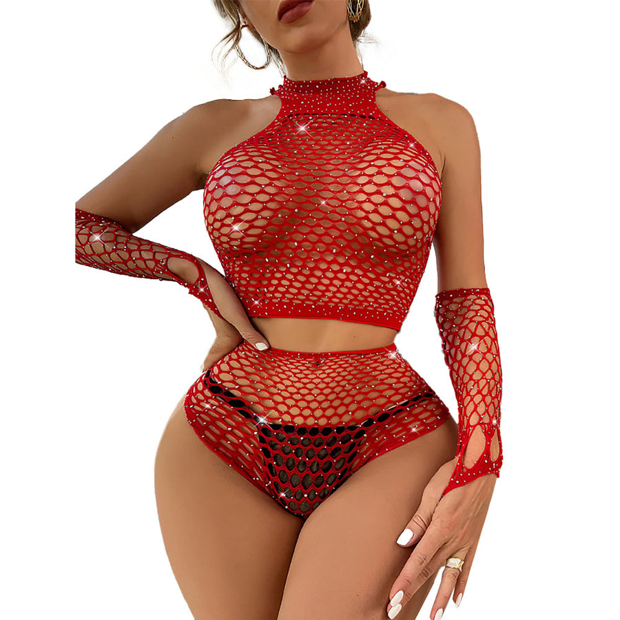 Fishnet Crop Top Set Wide Net Rhinestone Cropped Tank and Panty