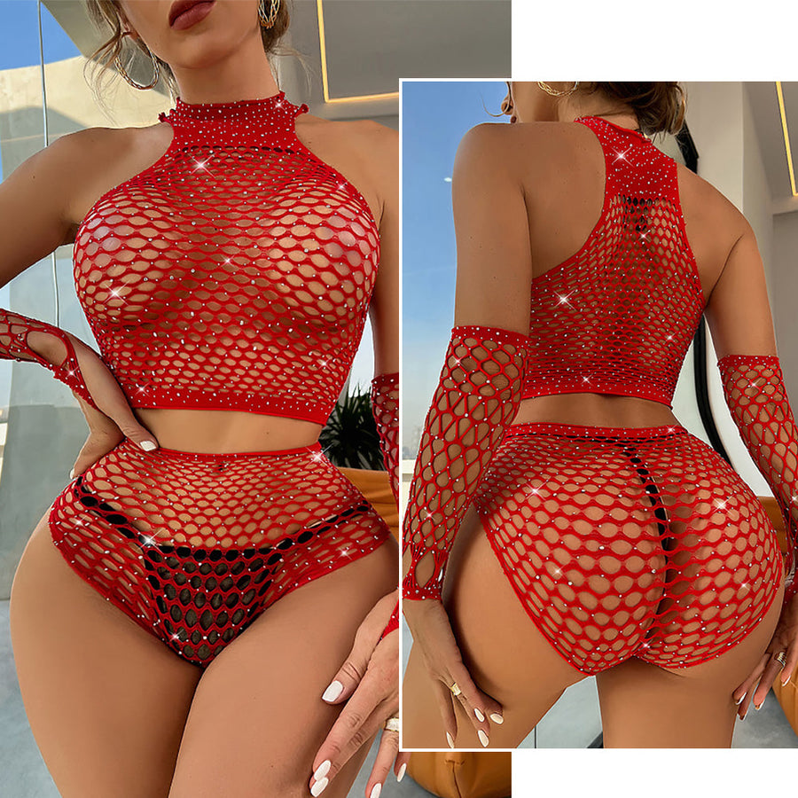 Fishnet Crop Top Set Wide Net Rhinestone Cropped Tank and Panty