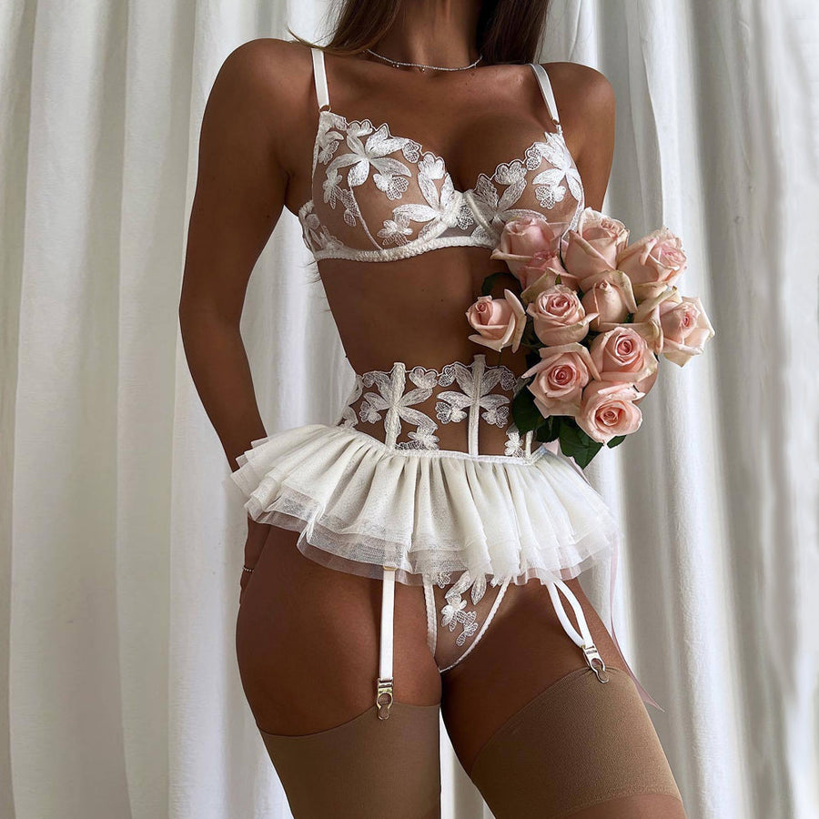 Floral Lace Lingerie Set Embroidery Caged Bra Garter Belt and Panty High Waist Mesh Mini Skirt