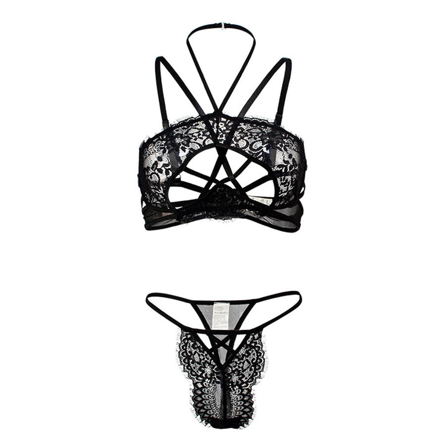 Floral Lace Peekaboo Bra Set Cage Back Bralette and Panty 2PCS Lingerie Set