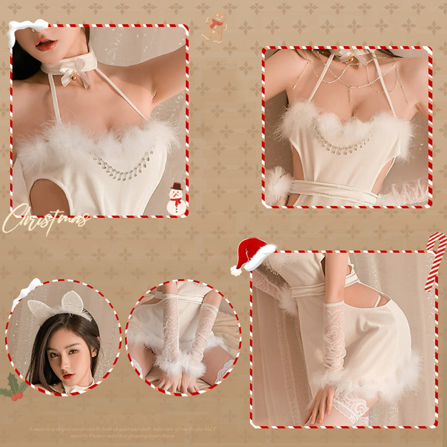 Furry Bunny Costume White Christmas Lingerie Dress Sexy Halter Backless Xmas Outfit