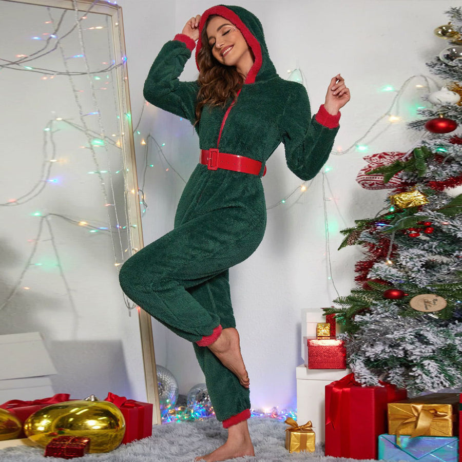 Fuzzy Christmas Onesie Mrs Claus Pajama Jumpsuit Green Elf Cosplay Outfits