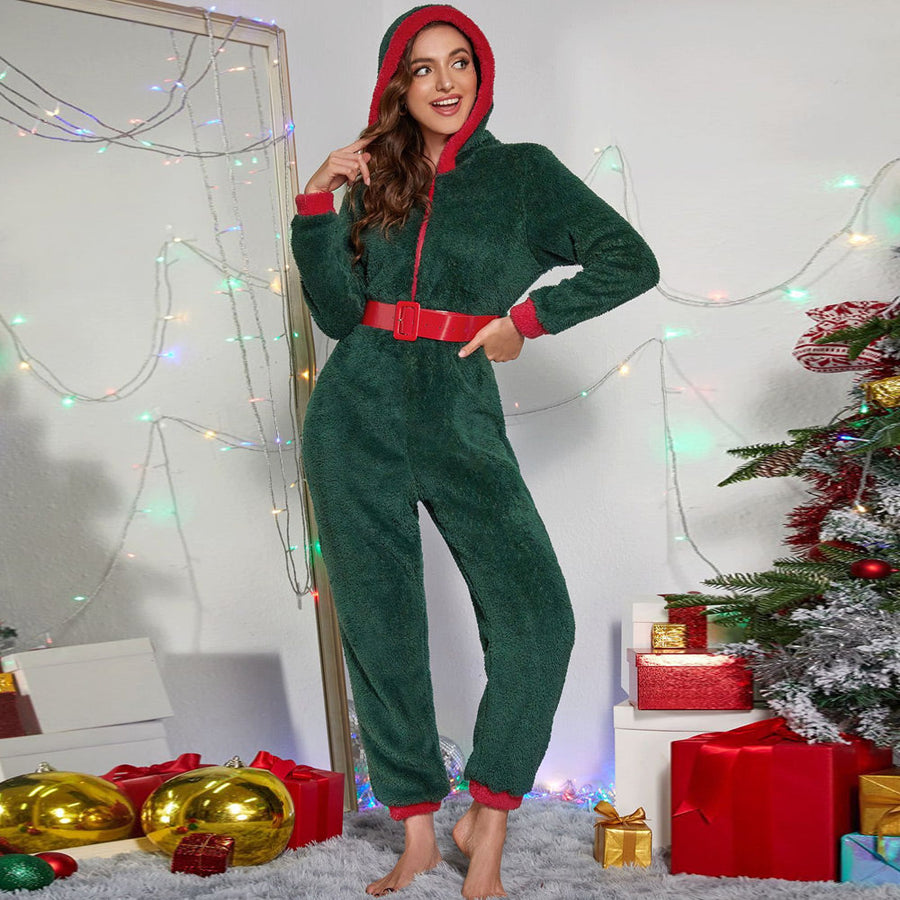 Fuzzy Christmas Onesie Mrs Claus Pajama Jumpsuit Green Elf Cosplay Outfits