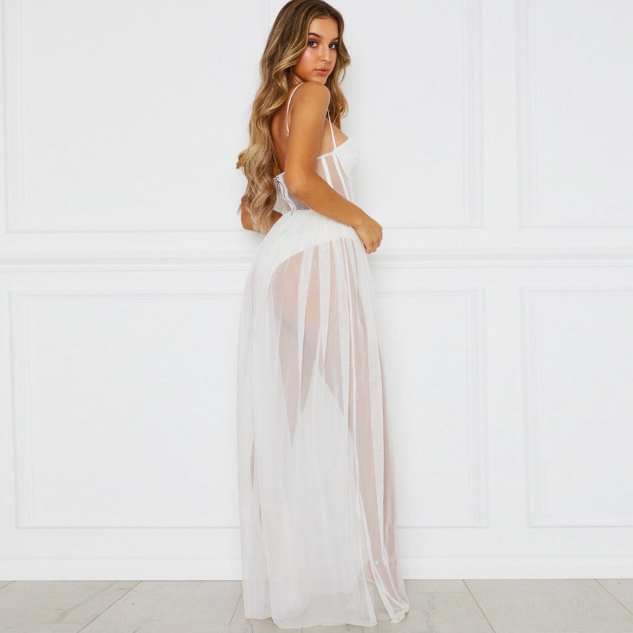 Sexy Sheer Dress See Through Corset Dress Spaghetti Straps High Slit Maxi Dress