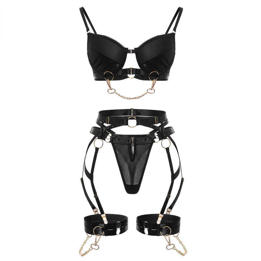 Gothic Harness Garter Belt Set Chains Caged Bra and Panty Punk Lingerie Set