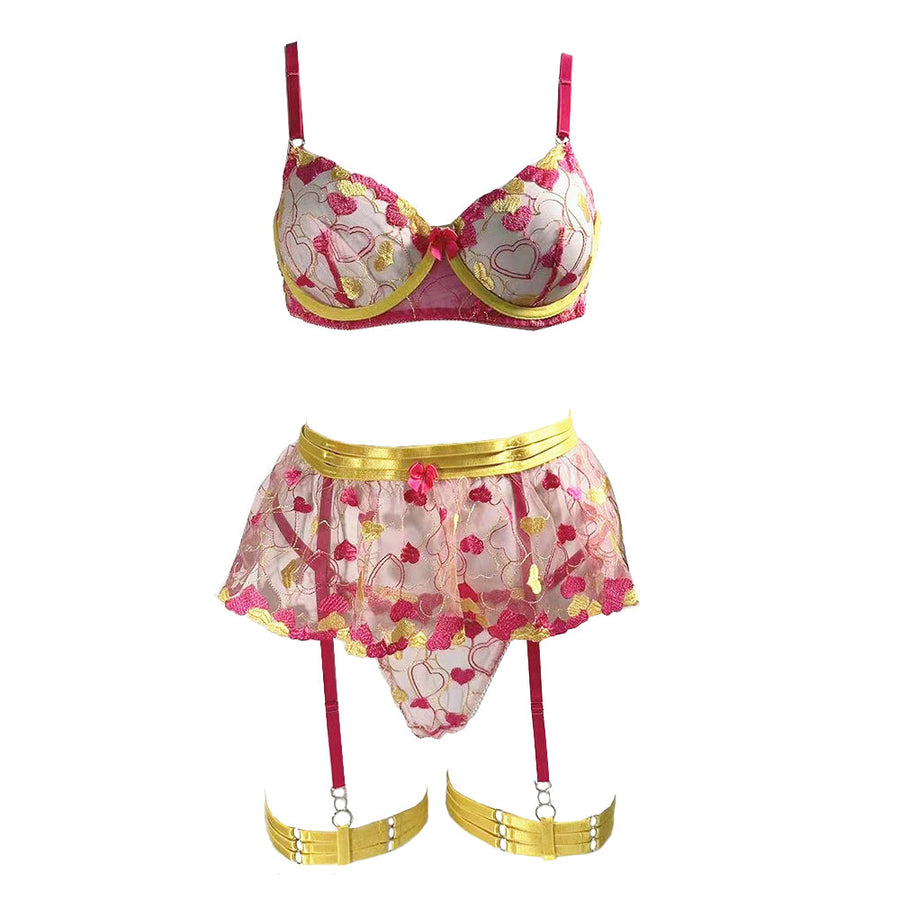 Heart Embroidered Garter Set Colorful Ruffle Bra Set with Garter Belt Lingerie