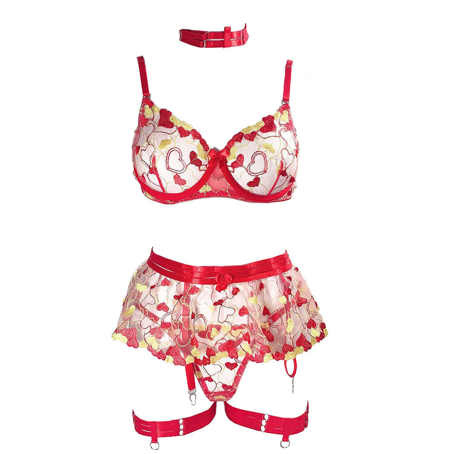 Heart Embroidered Garter Set Colorful Ruffle Bra Set with Garter Belt Lingerie