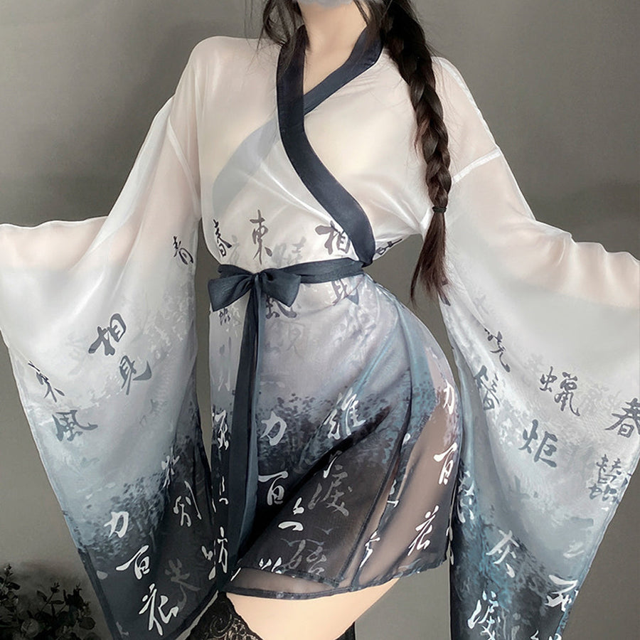 Yomorio Sexy Kimono Robes Asian Cosplay Lingerie Chinese Character Print Anime Outfits