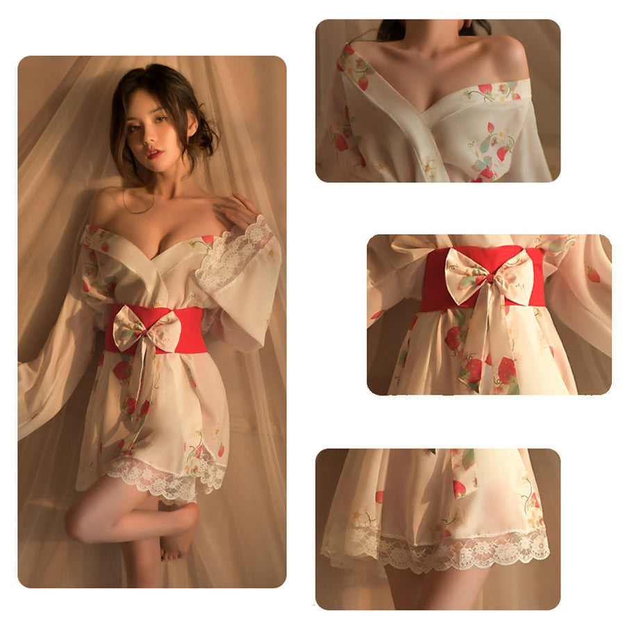 Yomorio Japanese Kimono Robes Strawberry Print Kimono Lingerie Anime Cosplay Costume