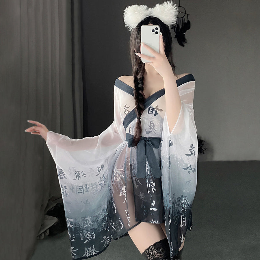 Yomorio Sexy Kimono Robes Asian Cosplay Lingerie Chinese Character Print Anime Outfits