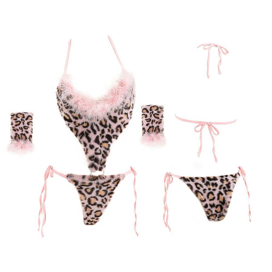 Plush Leopard Bodysuit Sexy Hollow Lingerie Set Pink Velvet Tie Back One Piece Babydoll