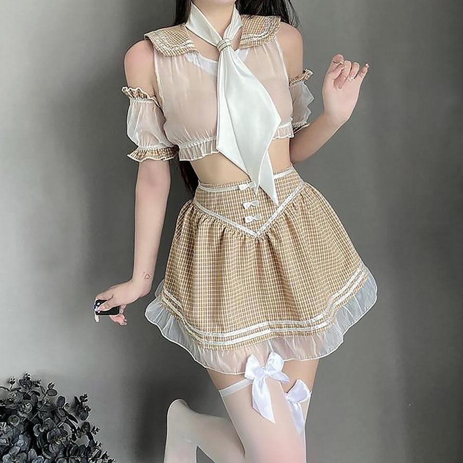 Cute Youth Mesh Top and Skirt Set