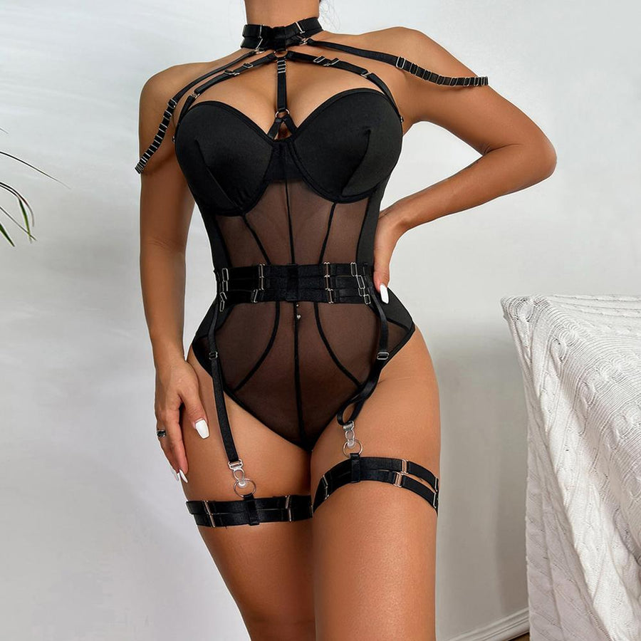 Strappy Halter Neck Valentine Lingerie Sheer Mesh Panel Bodysuit with Garter Belt