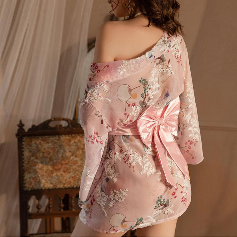 Japanese Kimono Lingerie Set Floral Print Kimono Robe Costume for Women Sexy Anime Cosplay Asian Loungewear