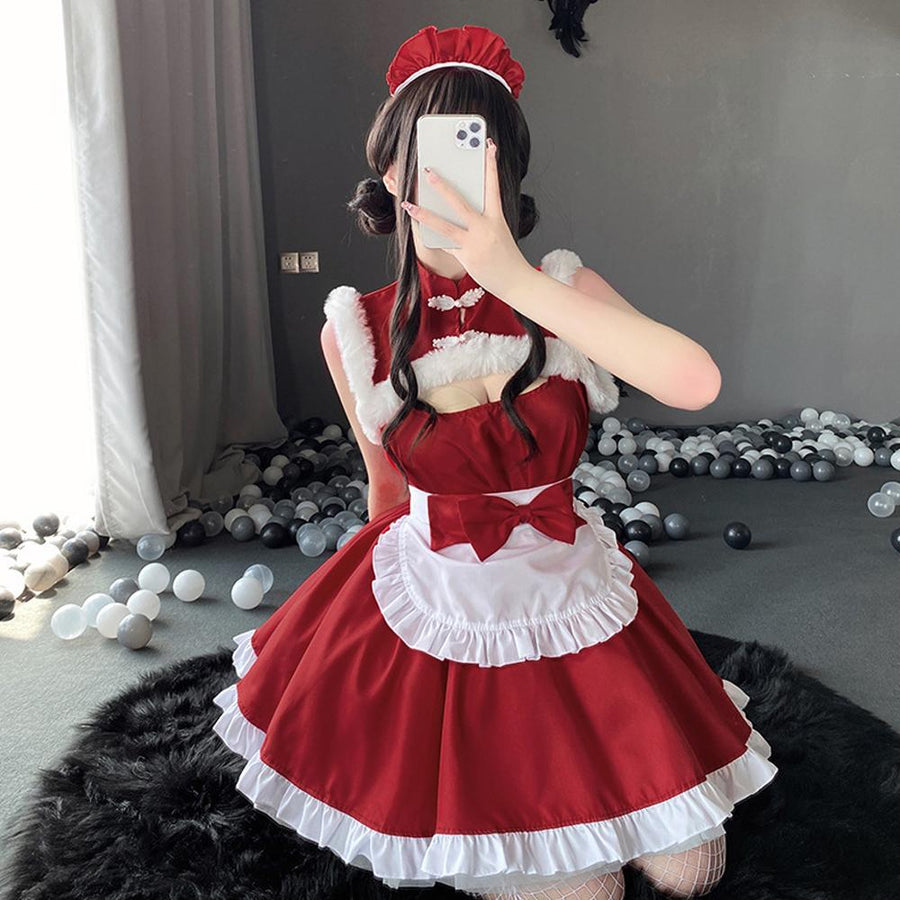 Cute Maid Outfit Naughty Elf Costume Red Sleeveless Lolita Dress