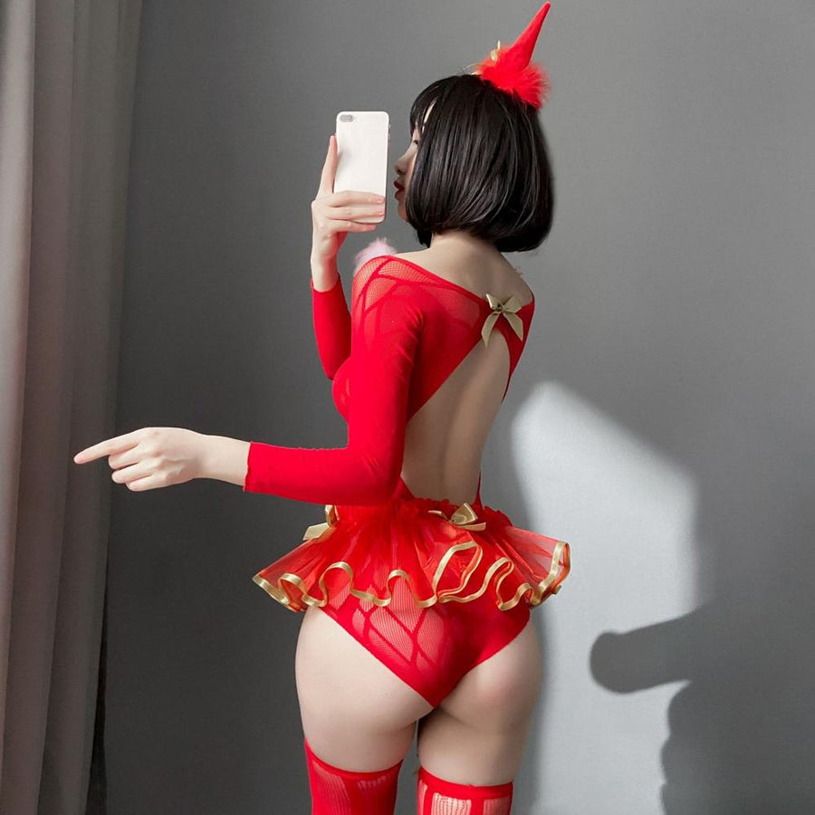 Christmas Bodysuit Sexy Mrs Claus Fishnet Lingerie Red Long Sleeve Backless Cosplay Costume