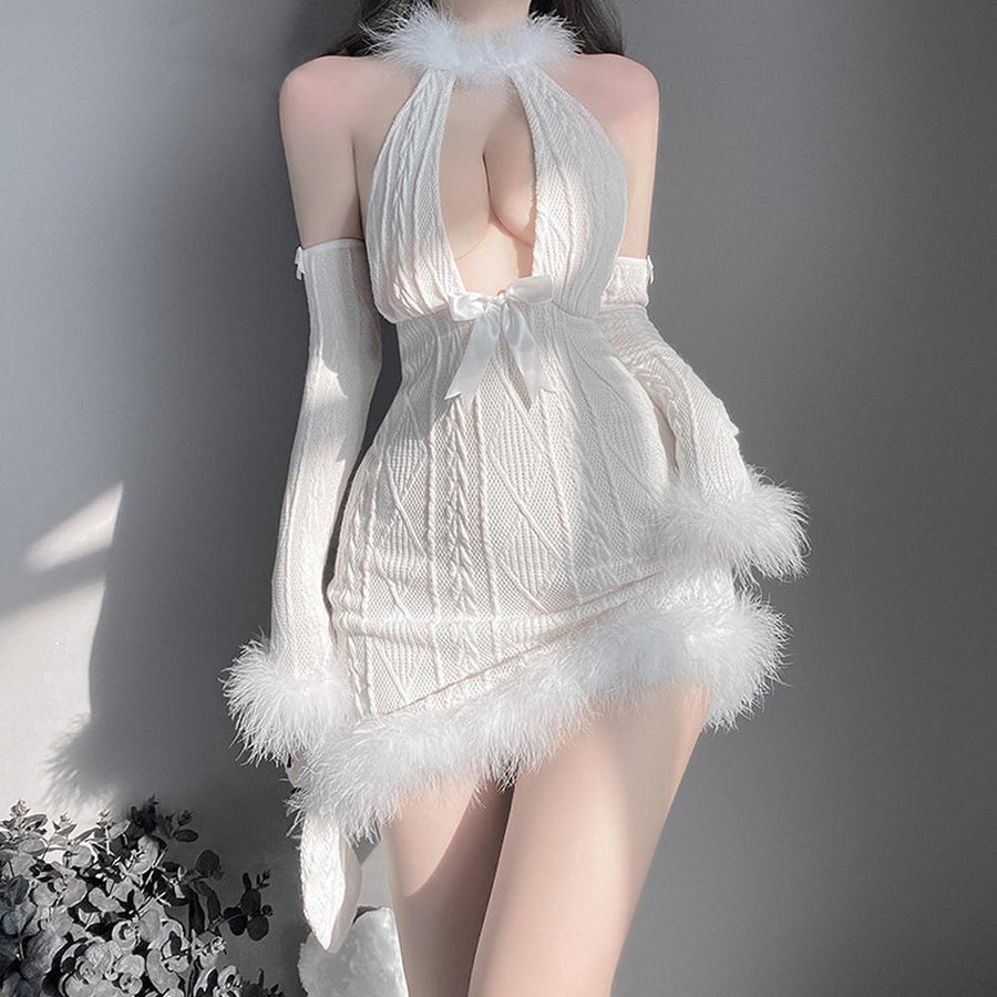 Furry Bodycon Lingerie Dress with Bunny Ear Halter V Neck Backless Sweater Dress