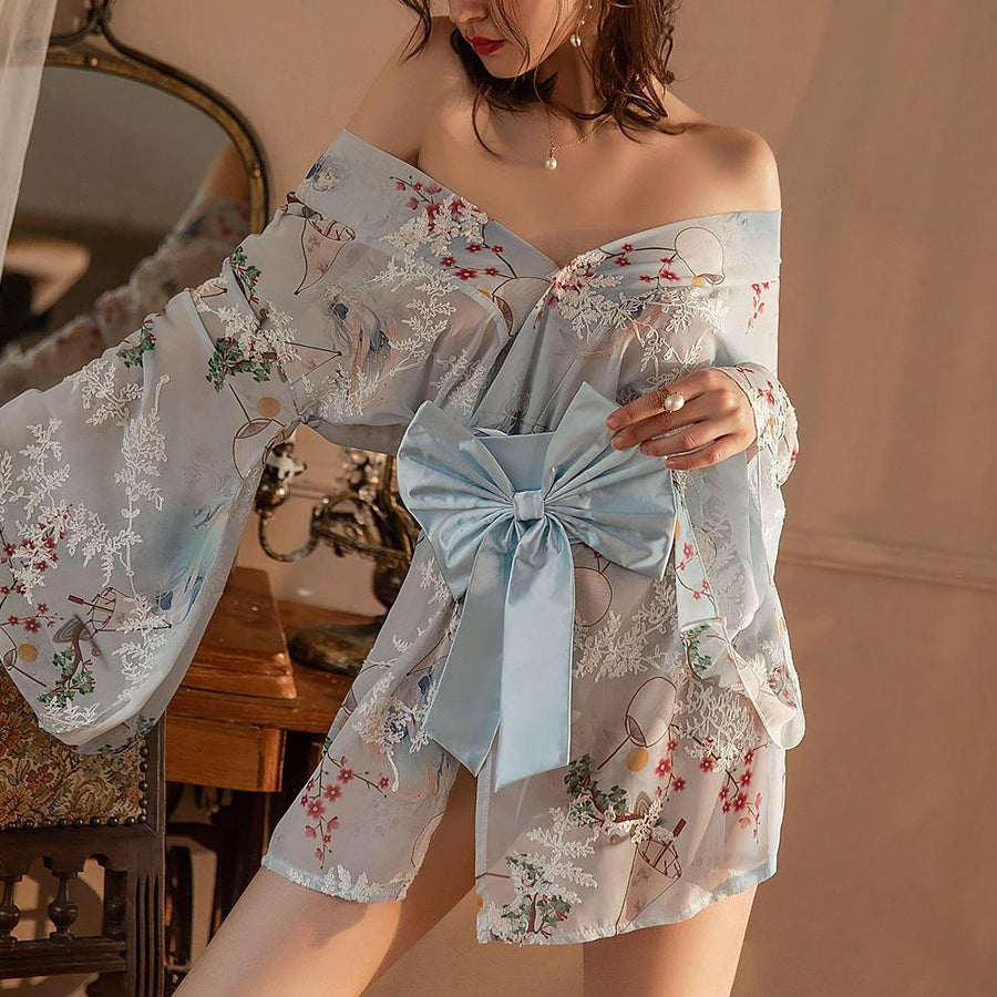 Japanese Kimono Lingerie Set Floral Print Kimono Robe Costume for Women Sexy Anime Cosplay Asian Loungewear