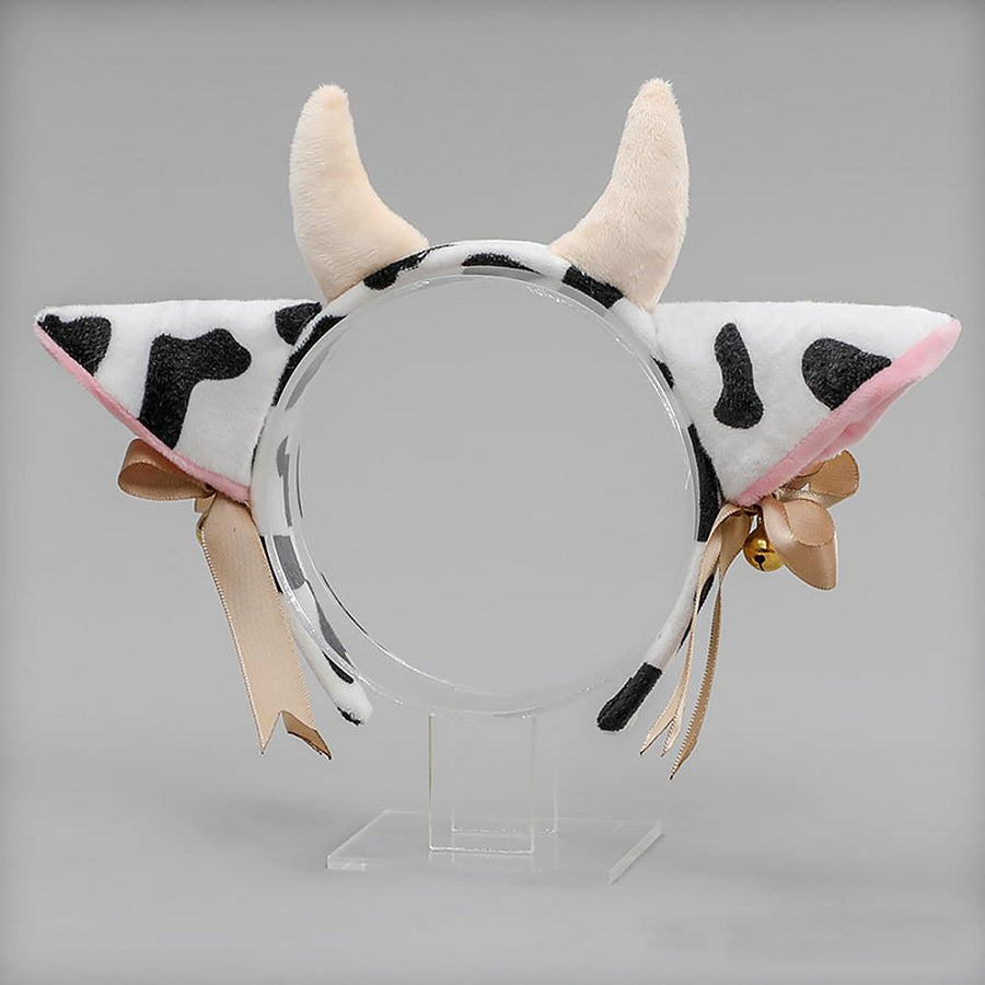 Cow Ears Headband Cow Horns Hair Hoop with Ribbon Bow Bells for Animal Cosplay Party