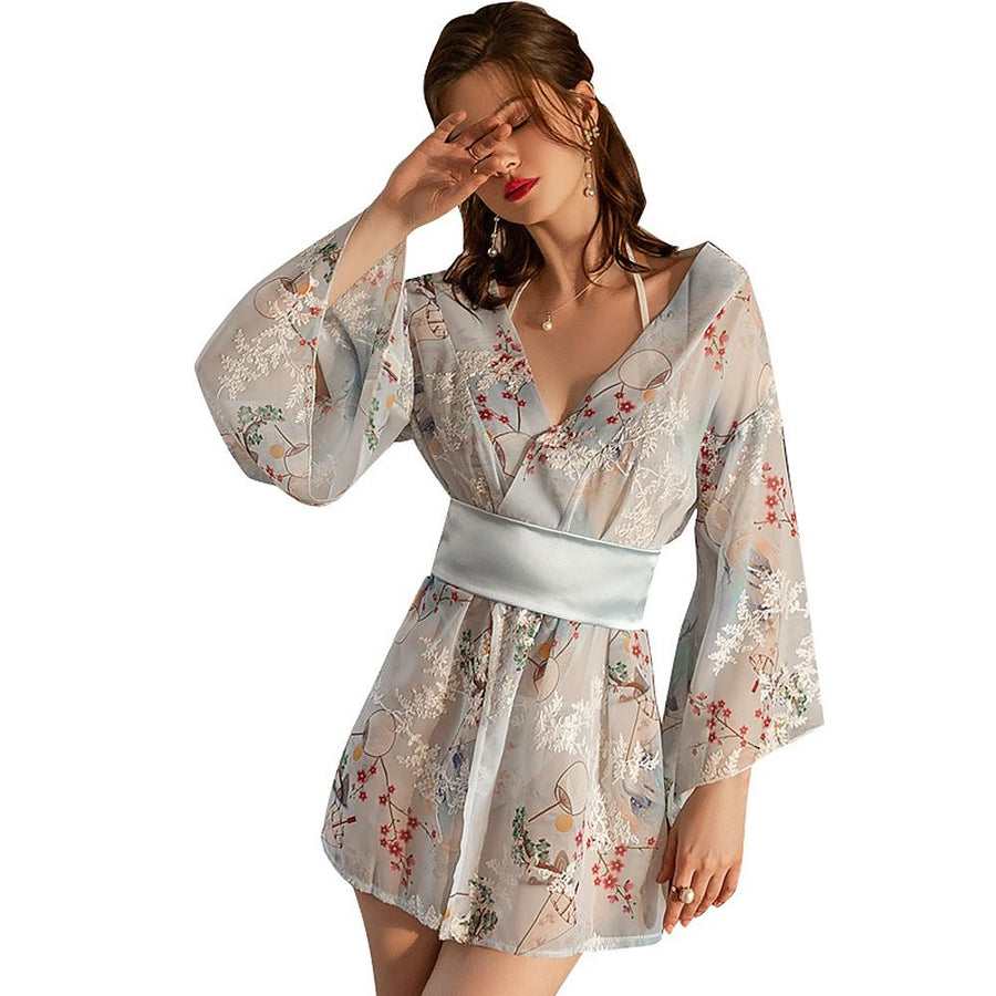 Japanese Kimono Lingerie Set Floral Print Kimono Robe Costume for Women Sexy Anime Cosplay Asian Loungewear