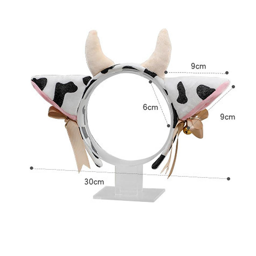 Cow Ears Headband Cow Horns Hair Hoop with Ribbon Bow Bells for Animal Cosplay Party
