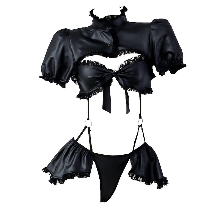 Sexy Patent Leather Bodysuit Cutout Puff Sleeve Lingerie Black Jumpsuit