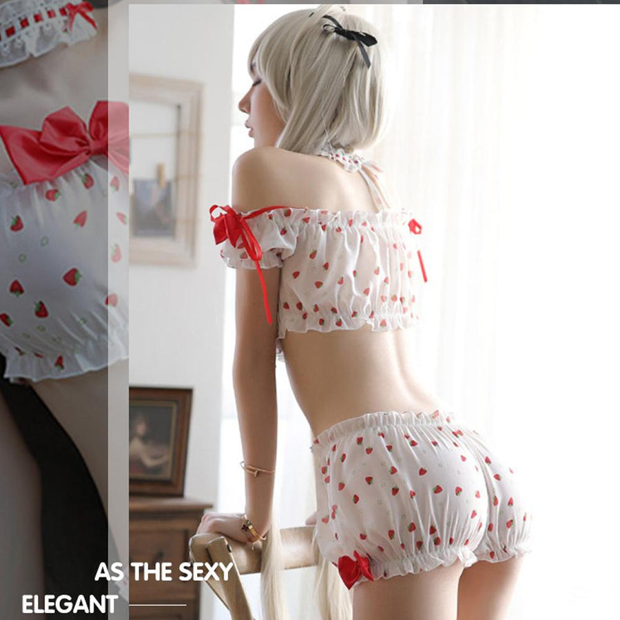 Cute Lolita Cosplay Lingerie Strawberry Print Off Shoulder Crop Top and Pumpkin Shorts