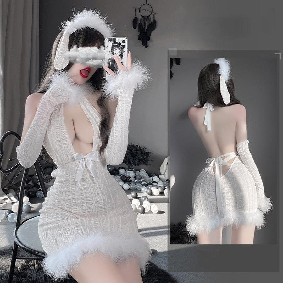 Furry Bodycon Lingerie Dress with Bunny Ear Halter V Neck Backless Sweater Dress