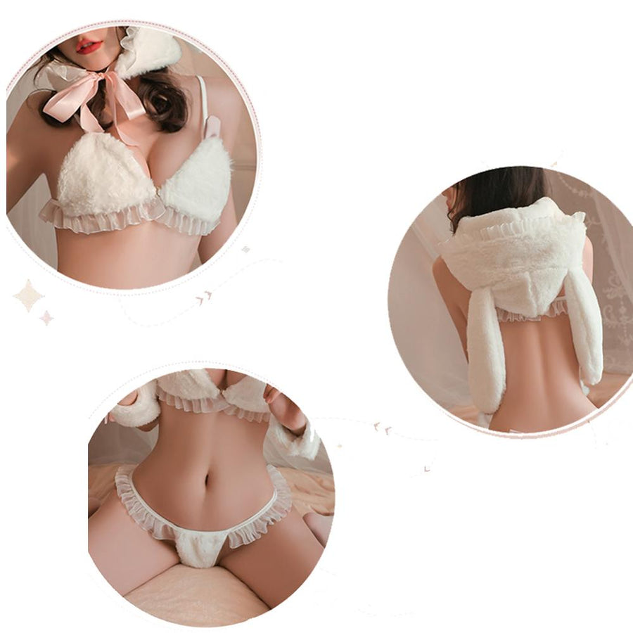 Furry Bunny Lingerie White Lace Ruffle Bra Set with Rabbit Ear Hat Sexy Christmas Costume