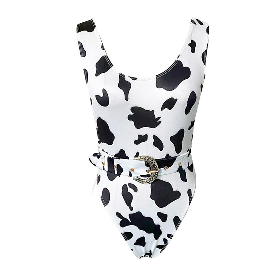 Sexy Cow Print Bodysuit with Belt High Cut Backless One Piece Swimsuit