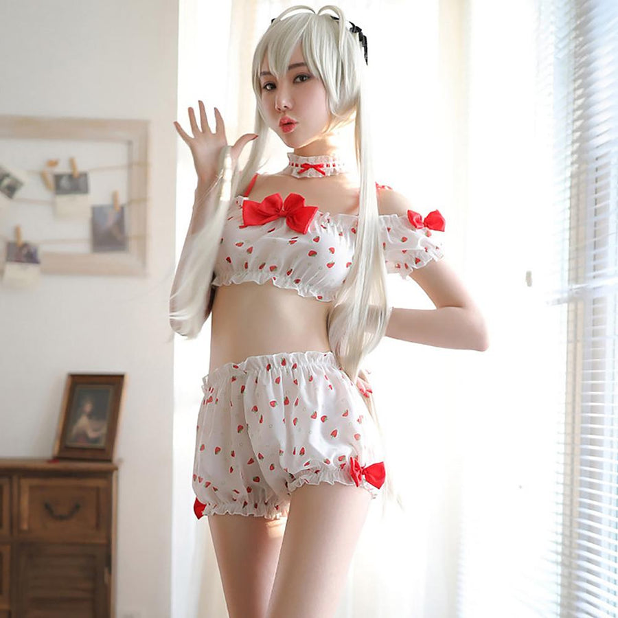 Cute Lolita Cosplay Lingerie Strawberry Print Off Shoulder Crop Top and Pumpkin Shorts