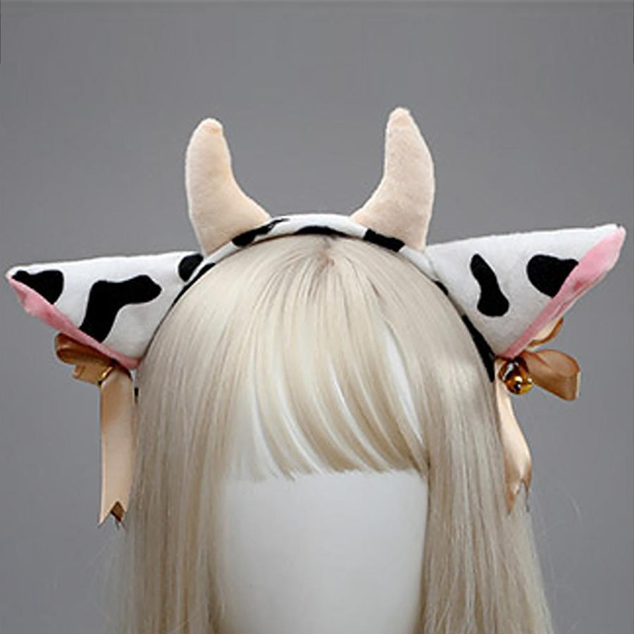 Cow Ears Headband Cow Horns Hair Hoop with Ribbon Bow Bells for Animal Cosplay Party
