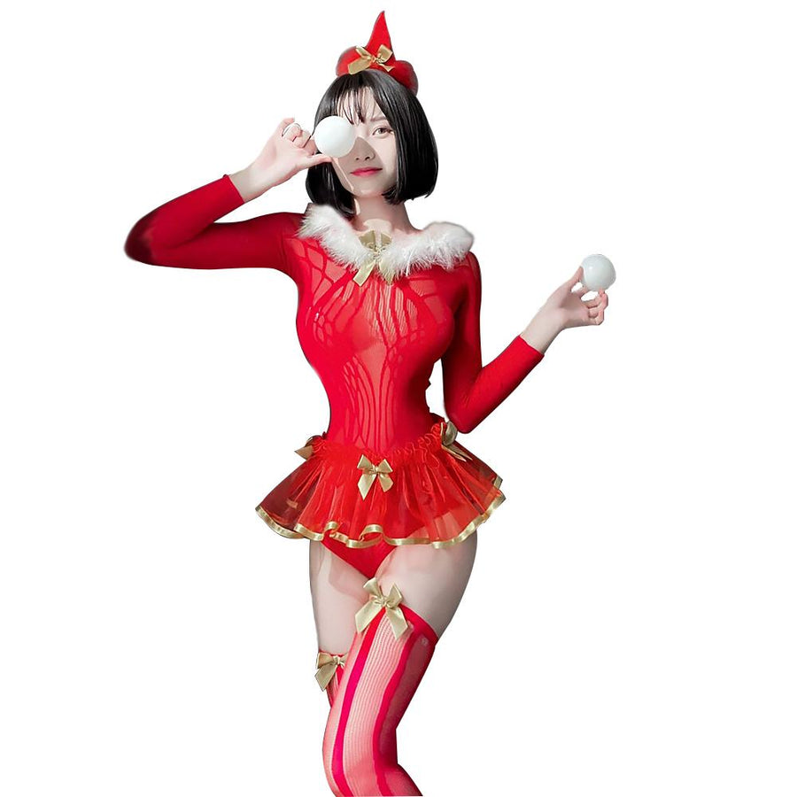 Christmas Bodysuit Sexy Mrs Claus Fishnet Lingerie Red Long Sleeve Backless Cosplay Costume