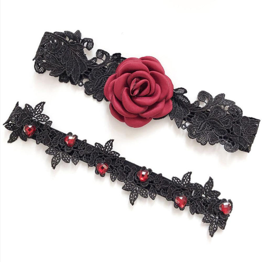 Wedding Garters Set Lace Bridal Garter Belt with Rhinestone Red Rose Leg Ring