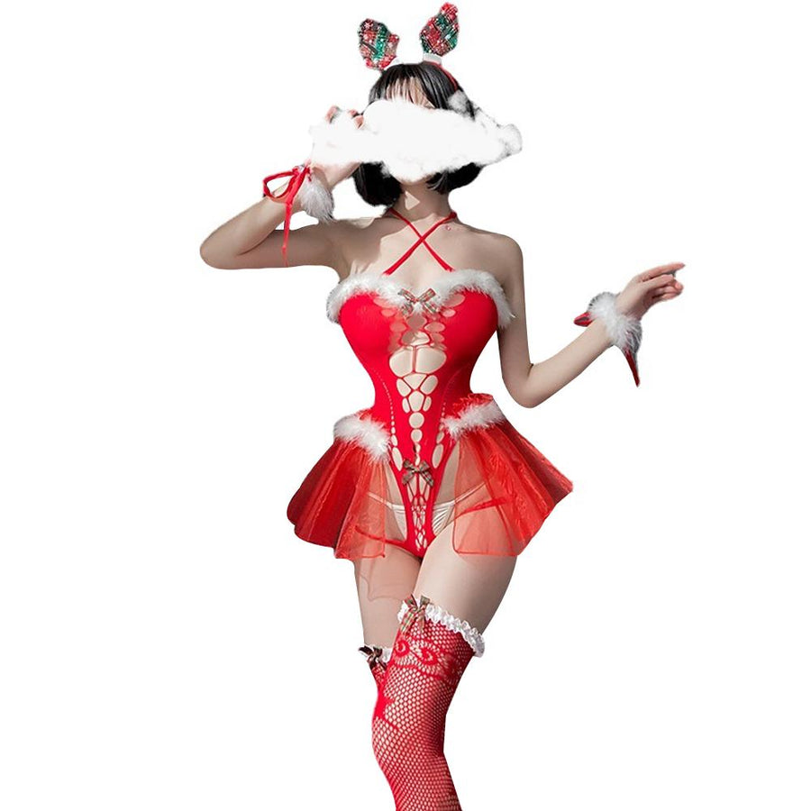 Sexy Reindeer Outfit Santa Bodysuit Mrs Claus Lingerie Hollow Velvet Christmas Cosplay Costume