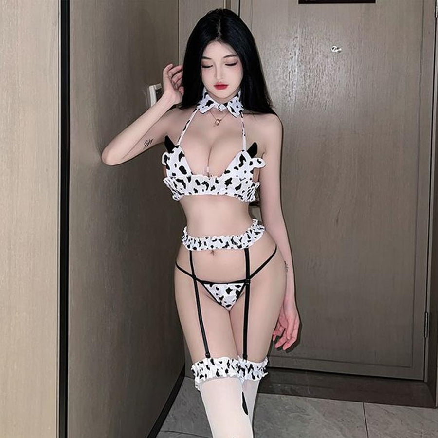 Sexy Cow Cosplay Costume Kawaii Outfit Anime Halter Straps Micro Bikini Lingerie Set for Women