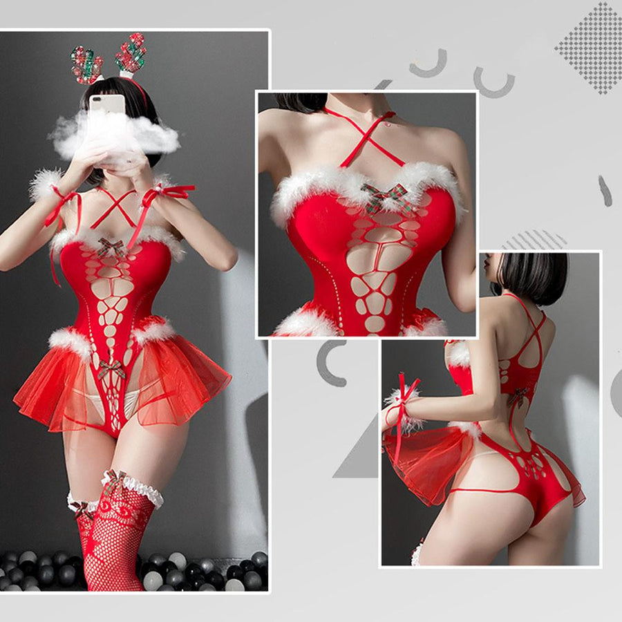 Sexy Reindeer Outfit Santa Bodysuit Mrs Claus Lingerie Hollow Velvet Christmas Cosplay Costume