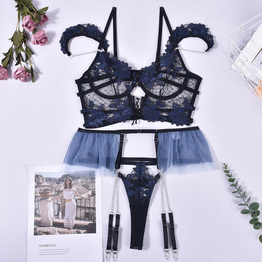 Floral Embroidered Mesh Underwire Lingerie Set