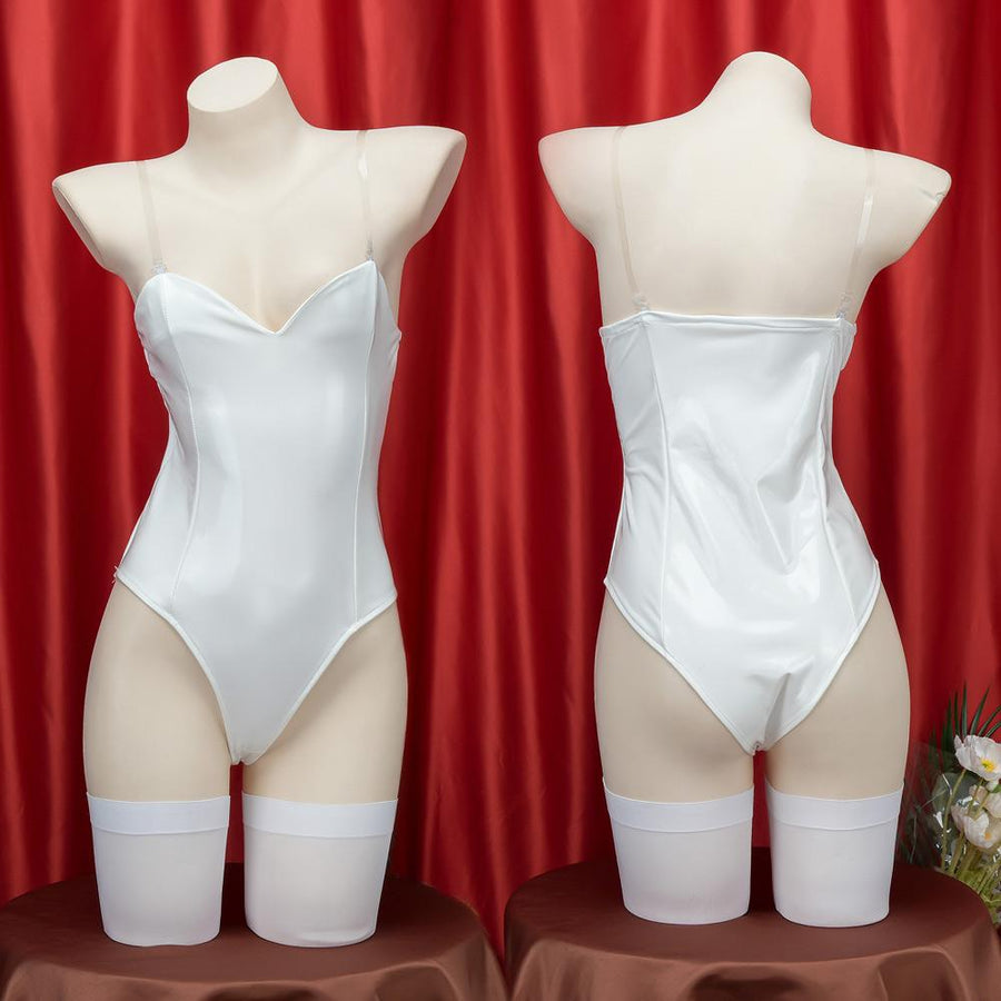 Shiny Latex Bodysuit Vinyl One Piece Strapless Lingerie White PU Leaher Romper