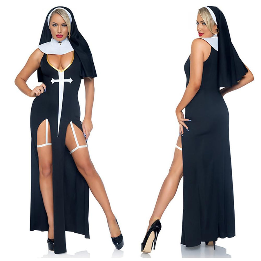 Sexy Nun Costume Nun Habit Cosplay Outfits Black Scary Sinner Halloween Costumes