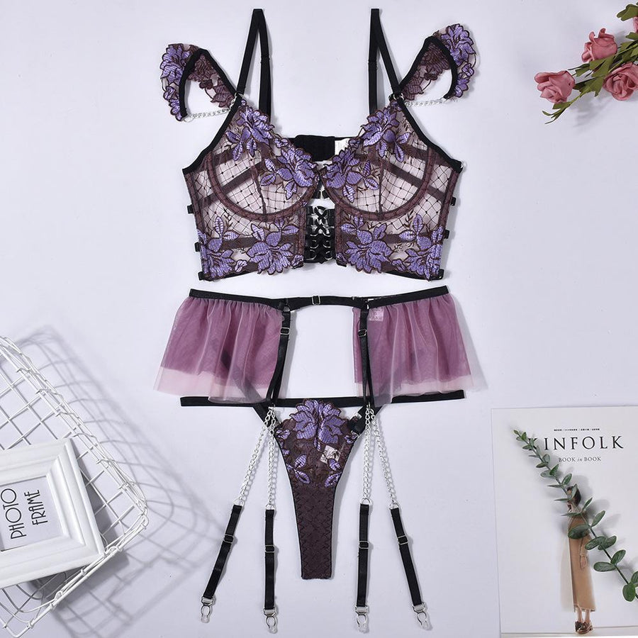 Floral Embroidered Mesh Underwire Lingerie Set