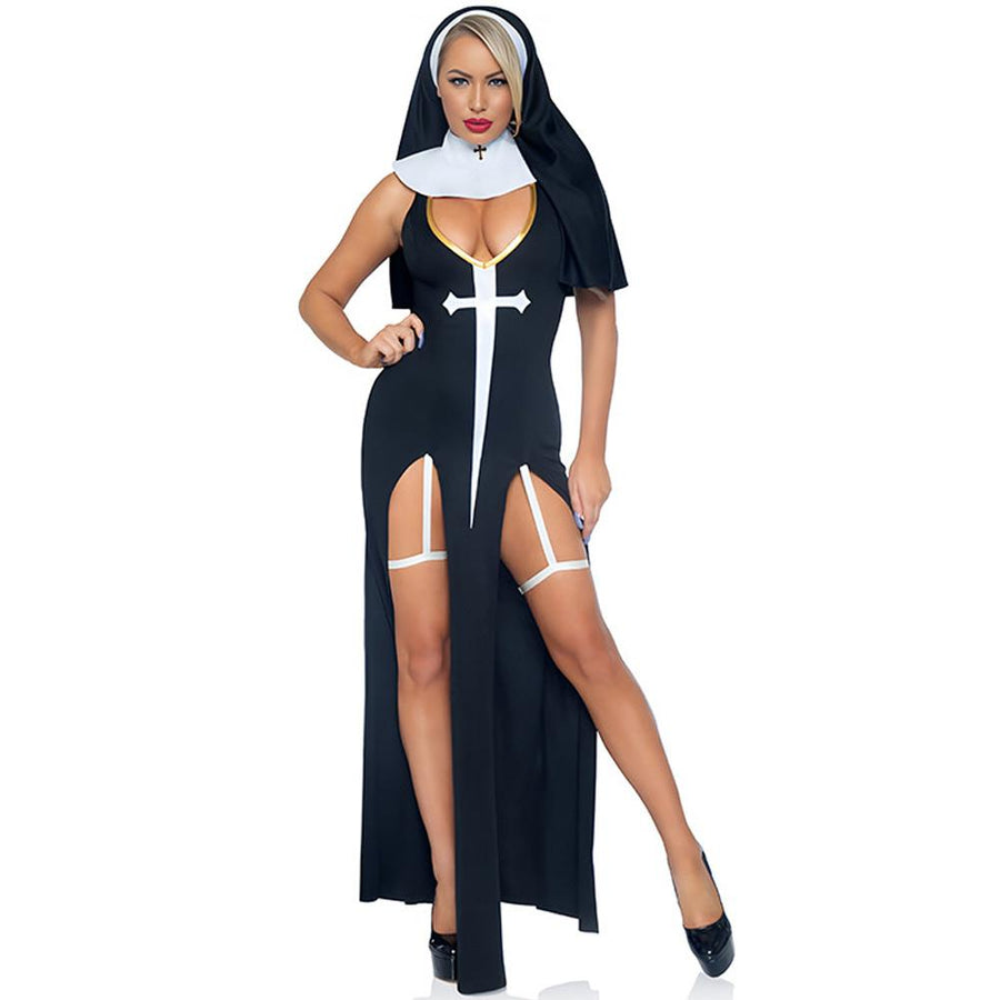 Sexy Nun Costume Nun Habit Cosplay Outfits Black Scary Sinner Halloween Costumes