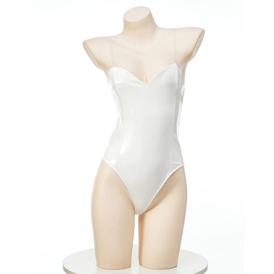 Shiny Latex Bodysuit Vinyl One Piece Strapless Lingerie White PU Leaher Romper