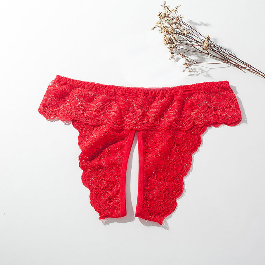 Lace Crotchless Panty Plus Size Ruffled Waistband Hipster Underwear