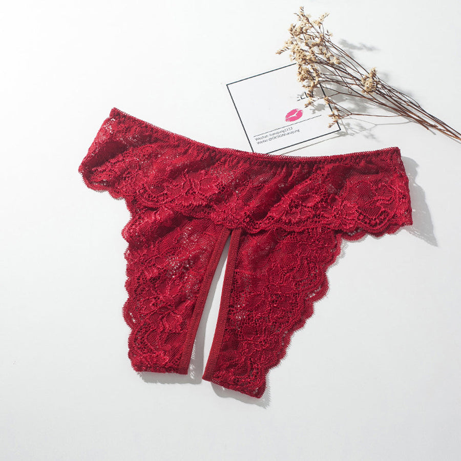 Lace Crotchless Panty Plus Size Ruffled Waistband Hipster Underwear