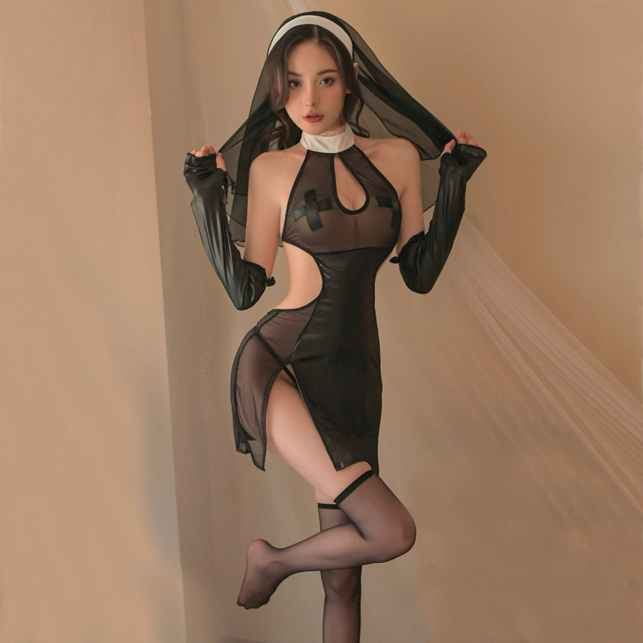 Latex Nun Cosplay Costume Sheer Mesh High Slit Lingerie Dress Black Habit Nun Outfits